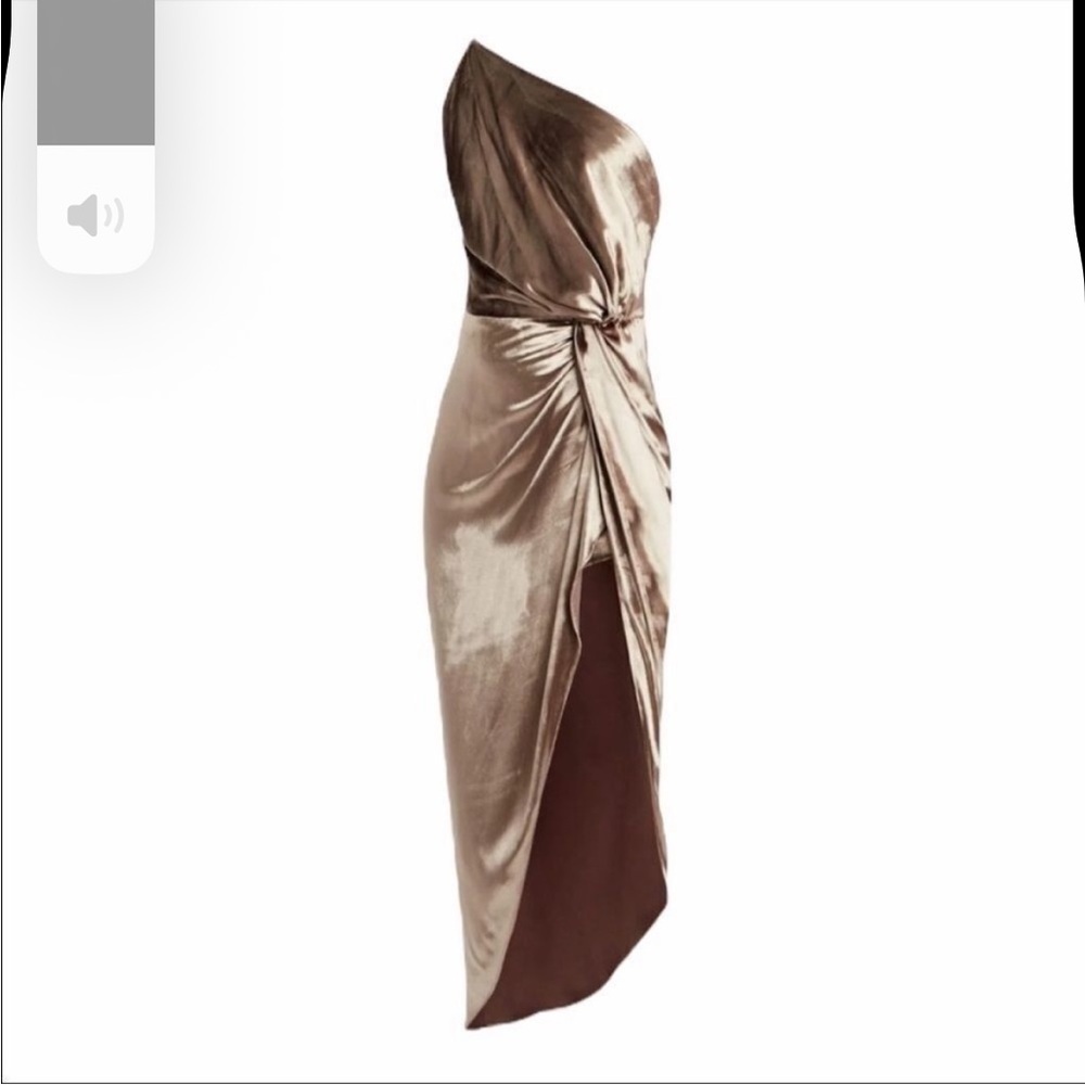 MICHELLE MASON Gold Silk Velvet Asymmetrical One-Shoulder Midi Dress 2 - Picture 2 of 15
